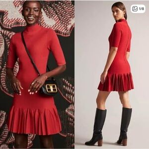 Ted Baker Red Mini Dress with Pleated Hem